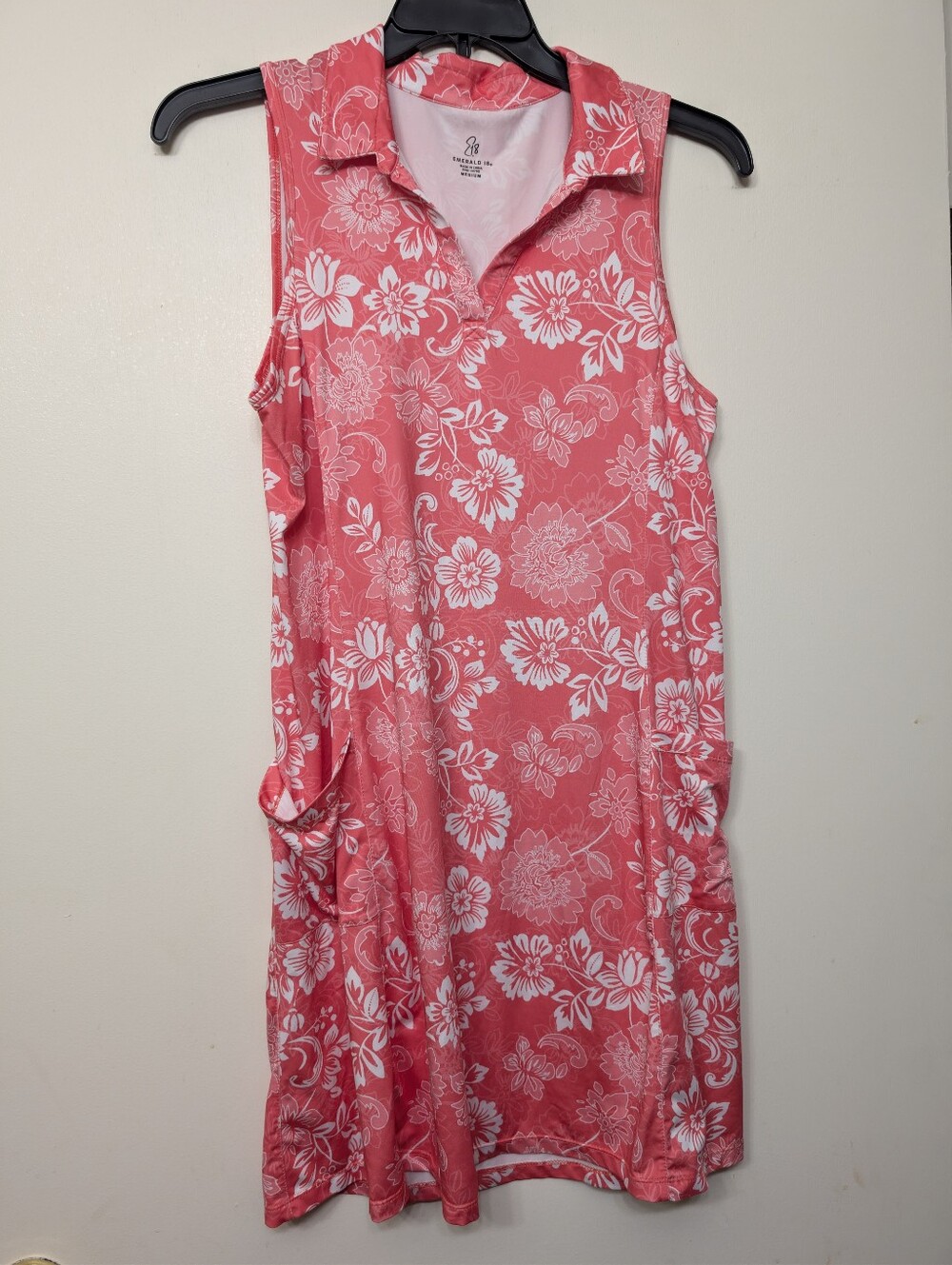 Emerald 18 Coral Pink Floral Sleeveless Dress Pockets Medium Summer